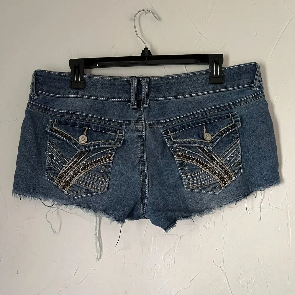 Rue21 Y2K Denim Cutoff Micro Shorts Embellished‎ Pocket Size McBling Summer 9/10
